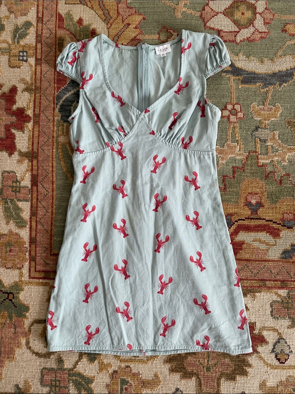Le Lis Light Cap Sleeve Blue Mini Dress with Red Lobster Print